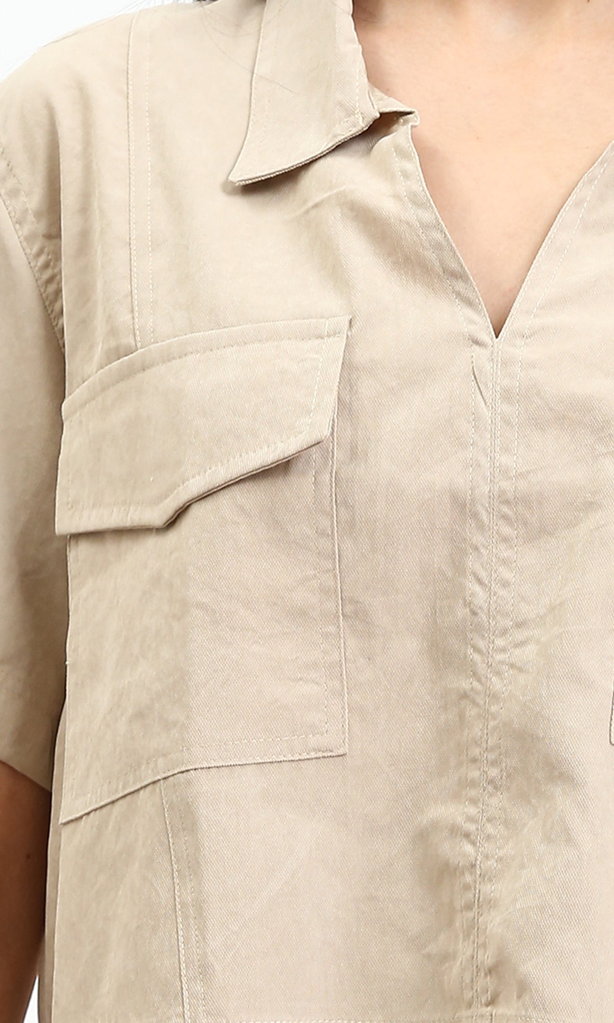 R210317 - Elbow Sleeves Solid Short Shirt - Beige