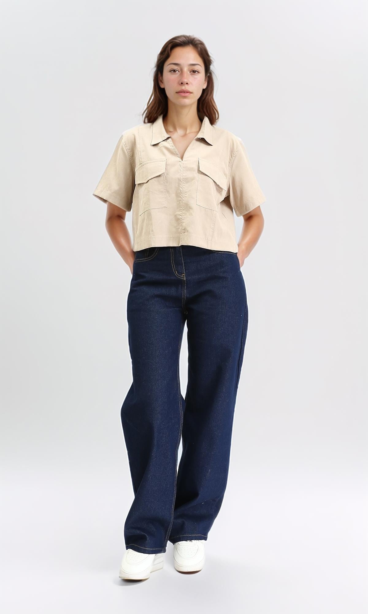 R210317 - Elbow Sleeves Solid Short Shirt - Beige