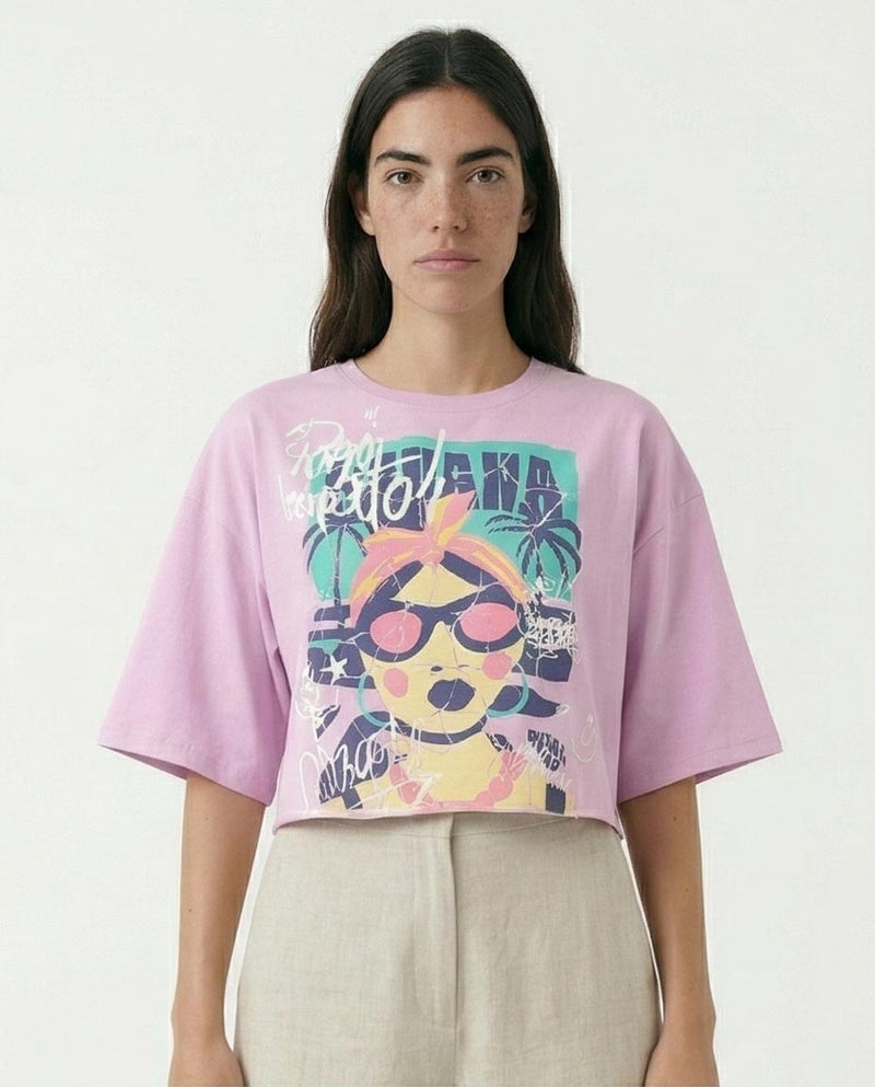 Ravin Havana Pop-Art Graphic Boxy Crop Top - Light Purple - R210323