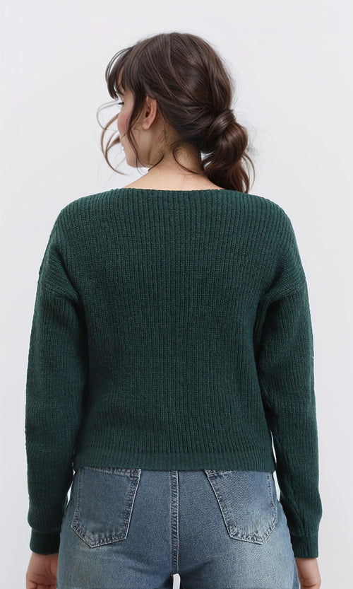 R210359 - Slip On V-Neck Knitted Pullover - Dark Green