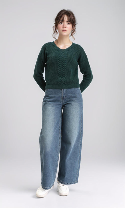 R210359 - Slip On V-Neck Knitted Pullover - Dark Green