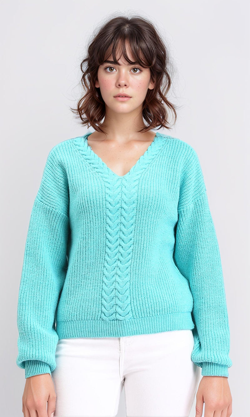 R210360 - Slip On V-Neck Knitted Pullover - Aqua
