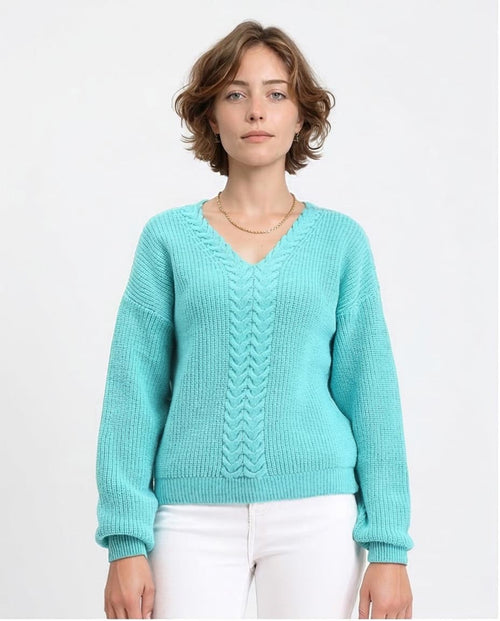 Women's V-Neck Cable Knit Oversized Sweater - Turquoise