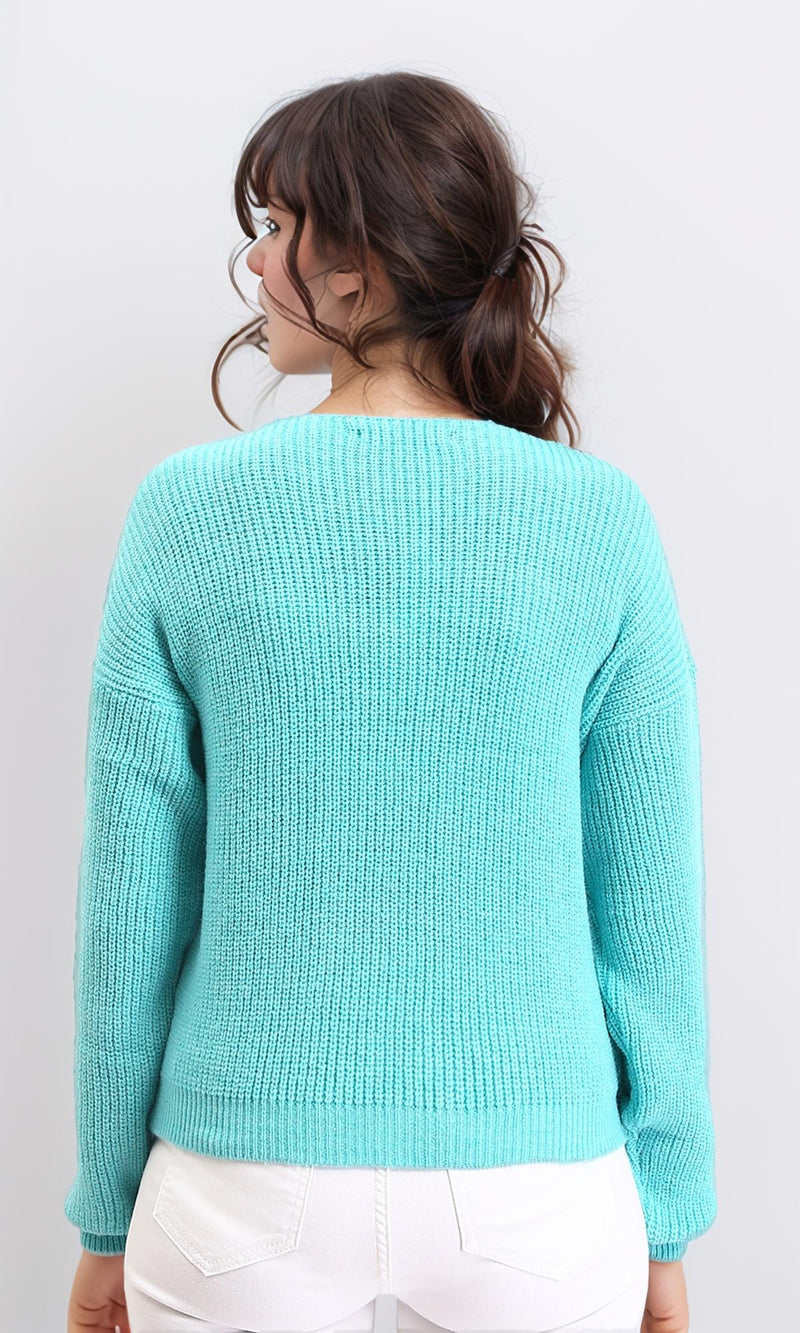 R210360 - Slip On V-Neck Knitted Pullover - Aqua