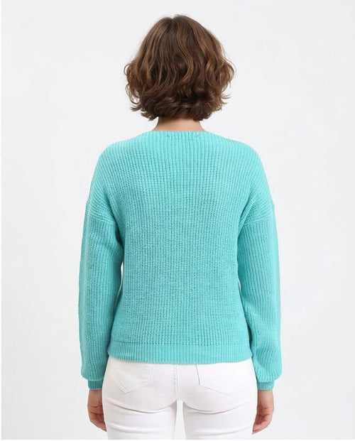 Ravin Women's V-Neck Cable Knit Oversized Sweater - Turquoise - R210360