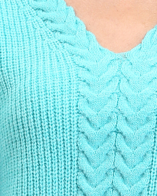 Ravin Women's V-Neck Cable Knit Oversized Sweater - Turquoise - R210360