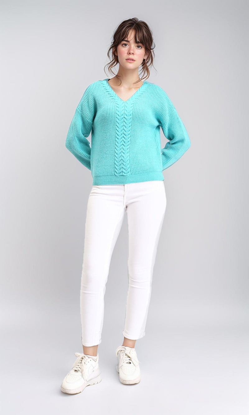 R210360 - Slip On V-Neck Knitted Pullover - Aqua