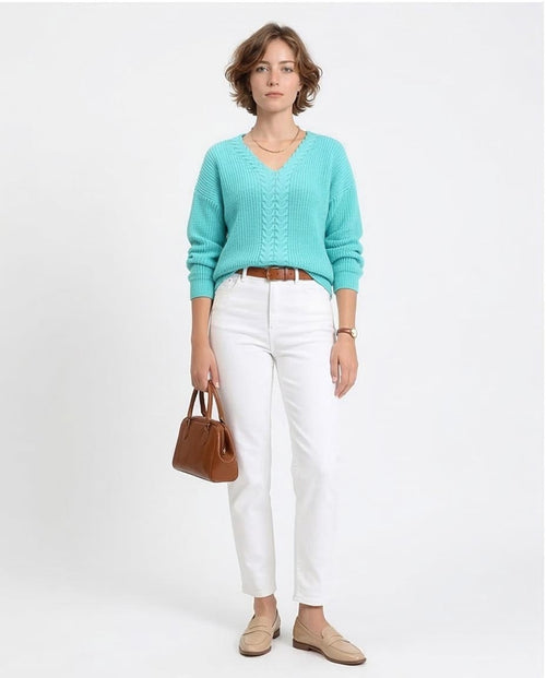 Ravin Women's V-Neck Cable Knit Oversized Sweater - Turquoise - R210360