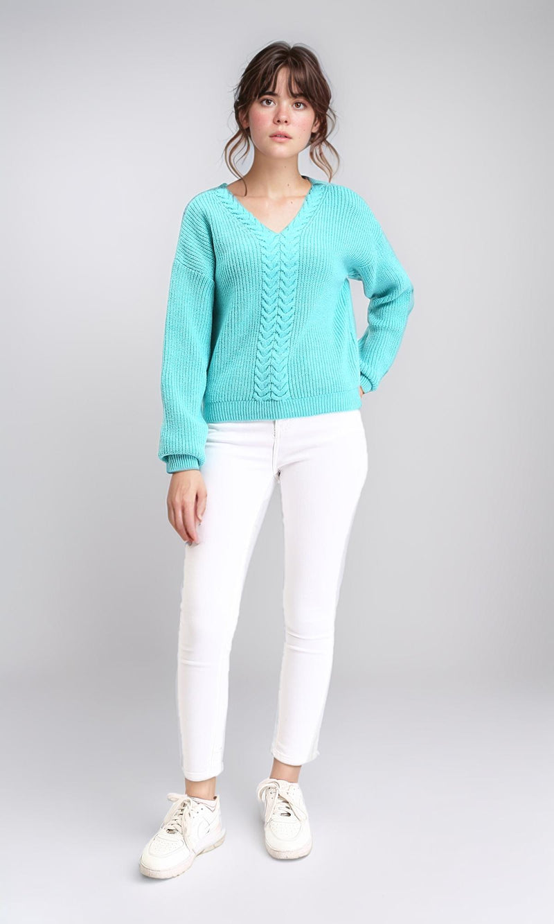 R210360 - Slip On V-Neck Knitted Pullover - Aqua