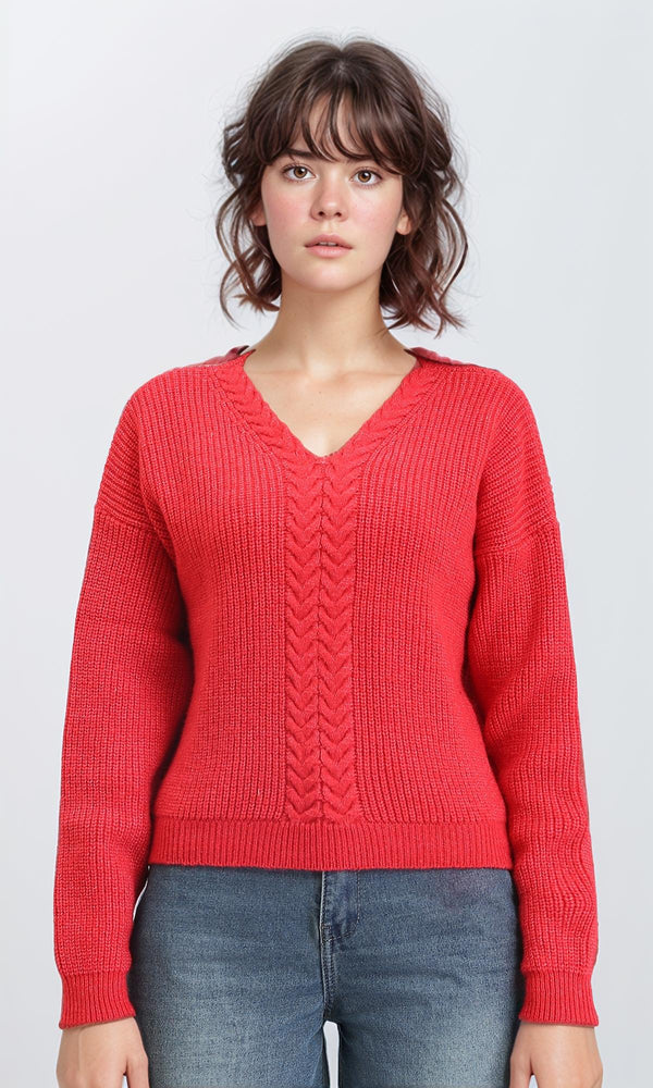 R210362 - Slip On V-Neck Knitted Pullover - Red
