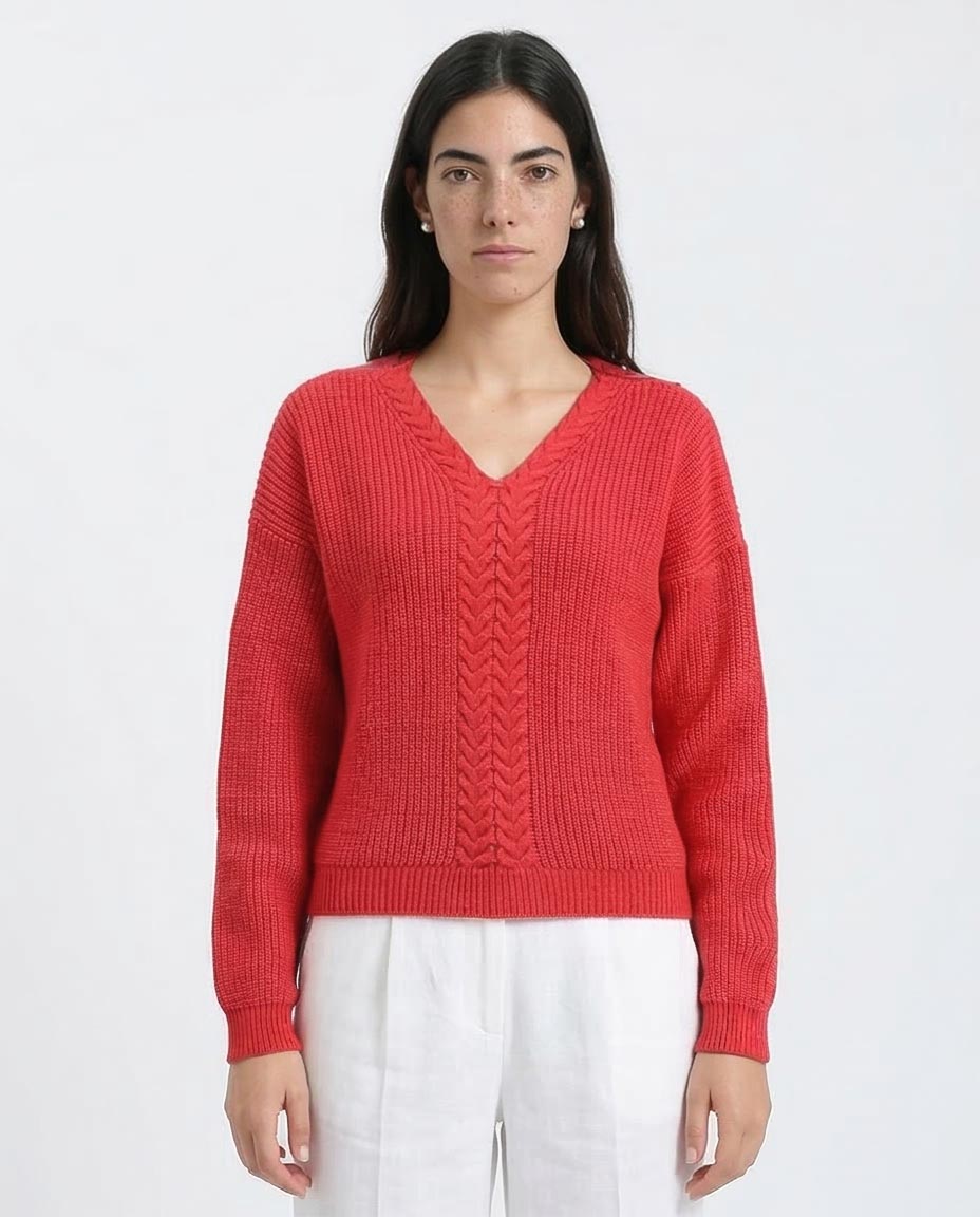 Women's V-Neck Cable-Knit Sweater - Festive Red