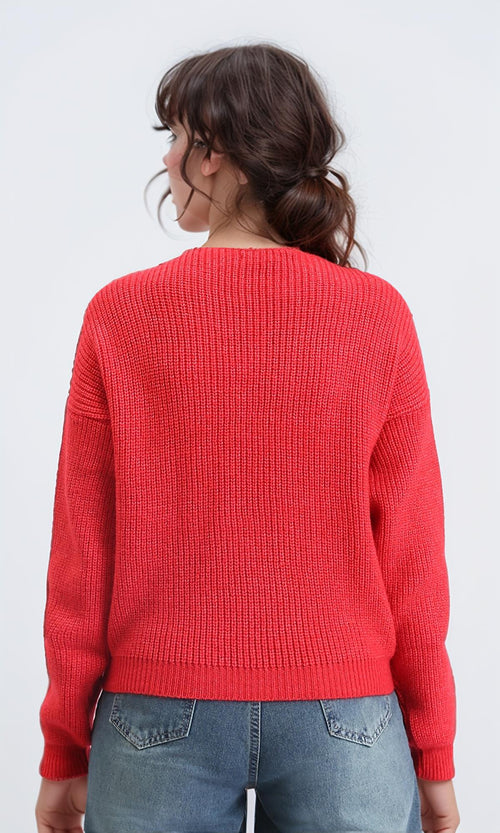 R210362 - Slip On V-Neck Knitted Pullover - Red