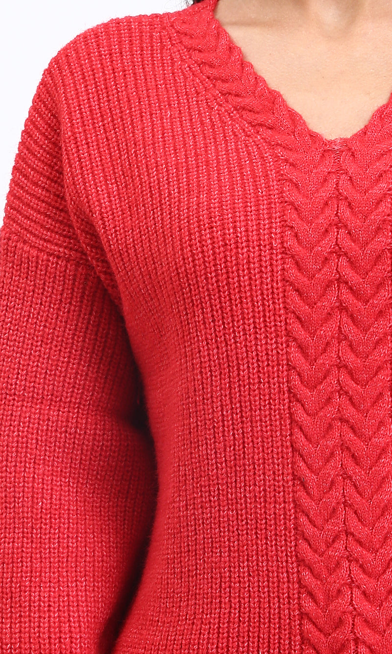 R210362 - Slip On V-Neck Knitted Pullover - Red