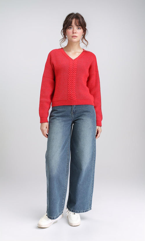 R210362 - Slip On V-Neck Knitted Pullover - Red