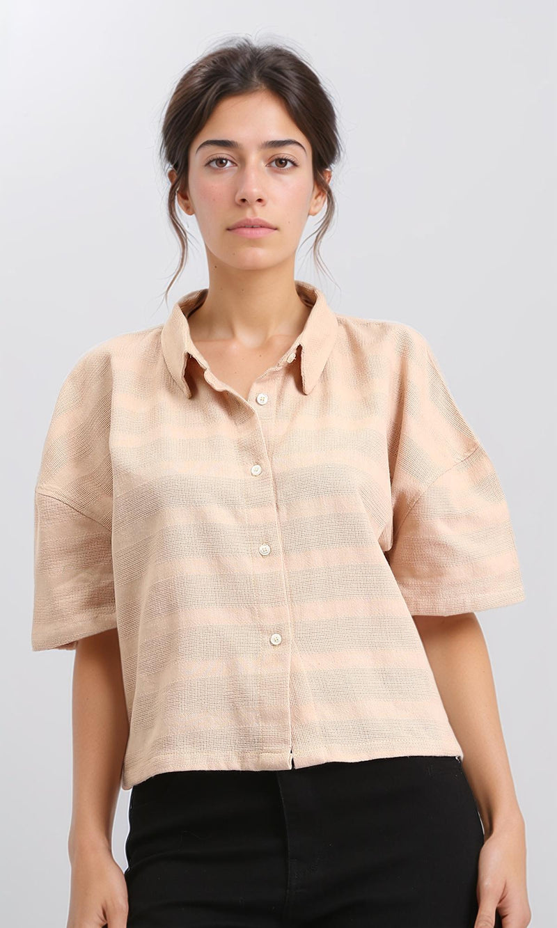 R210373 - Relaxed Elbow Sleeves Short Shirt - Dark Beige
