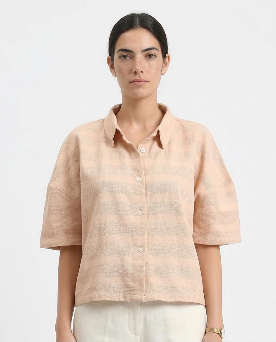 Women's Wave-Textured Short Sleeve Boxy Shirt - Peach- Dark Beige