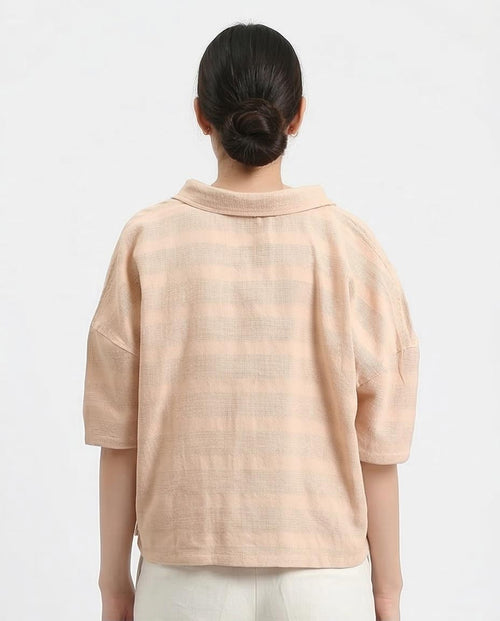 Ravin Women's Wave-Textured Short Sleeve Boxy Shirt – Peach- Dark Beige - R210373