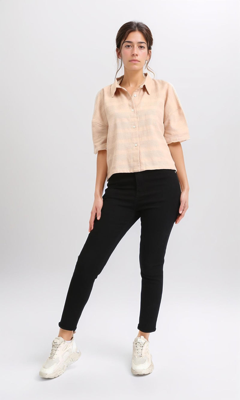 R210373 - Relaxed Elbow Sleeves Short Shirt - Dark Beige