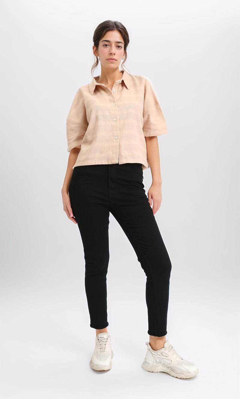 R210373 - Relaxed Elbow Sleeves Short Shirt - Dark Beige