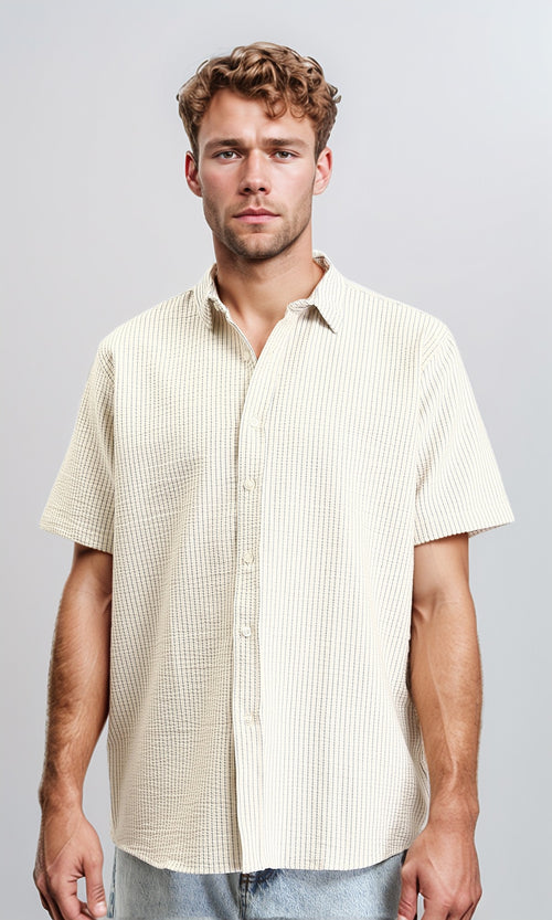 R210499 - Pencil Stripes Short Sleeves Shirt - Beige & Dark Grey