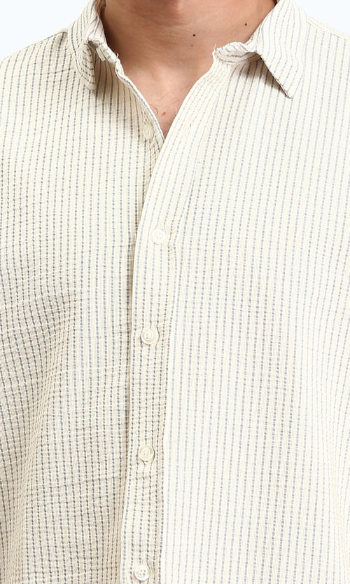 R210499 - Pencil Stripes Short Sleeves Shirt - Beige & Dark Grey