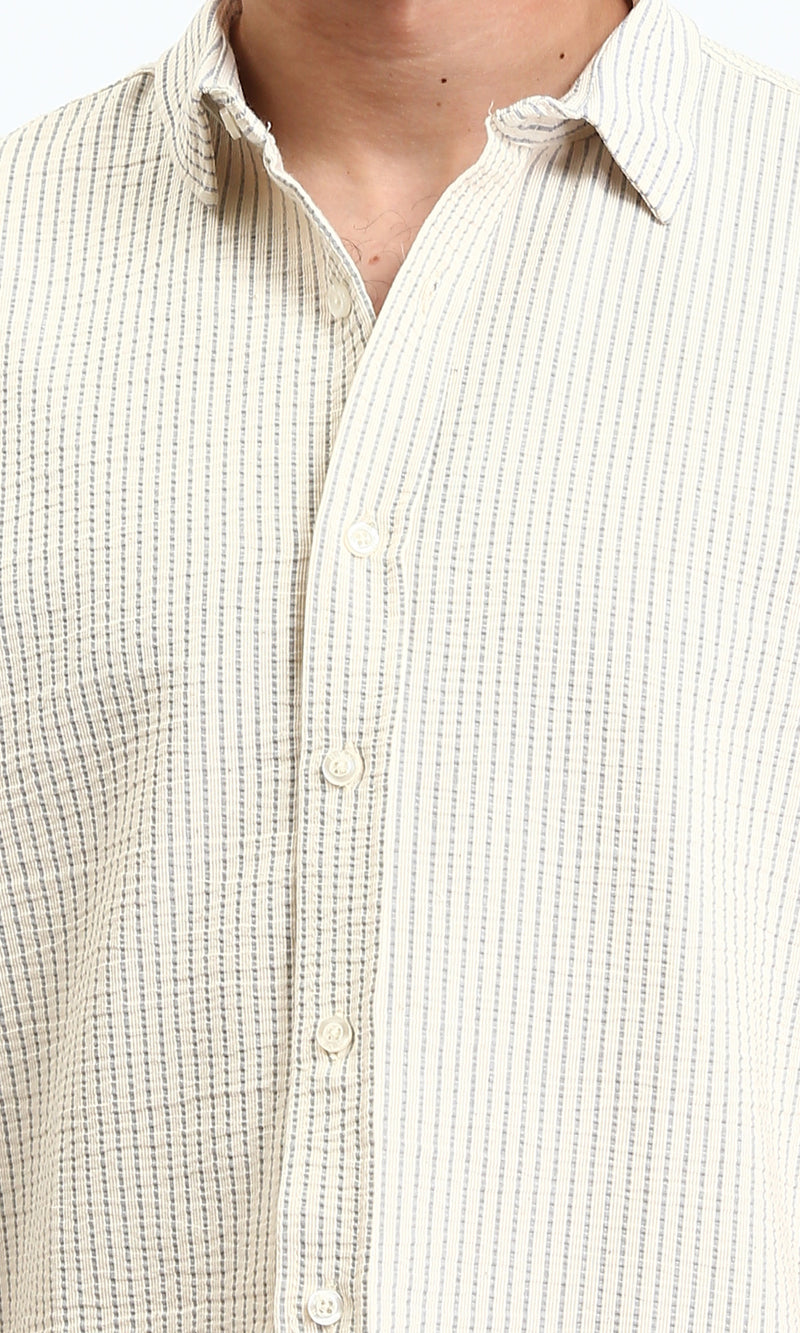 R210499 - Pencil Stripes Short Sleeves Shirt - Beige & Dark Grey