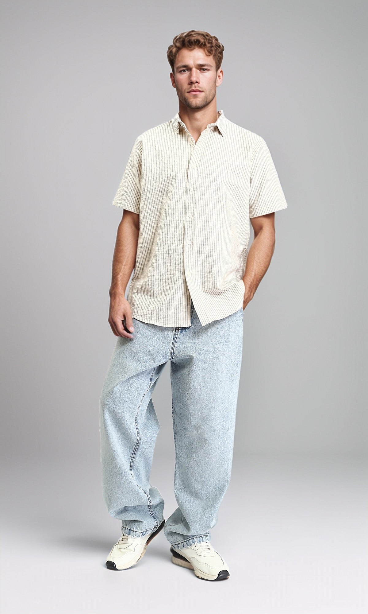 R210499 - Pencil Stripes Short Sleeves Shirt - Beige & Dark Grey