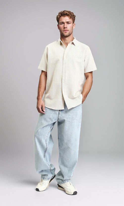 R210499 - Pencil Stripes Short Sleeves Shirt - Beige & Dark Grey