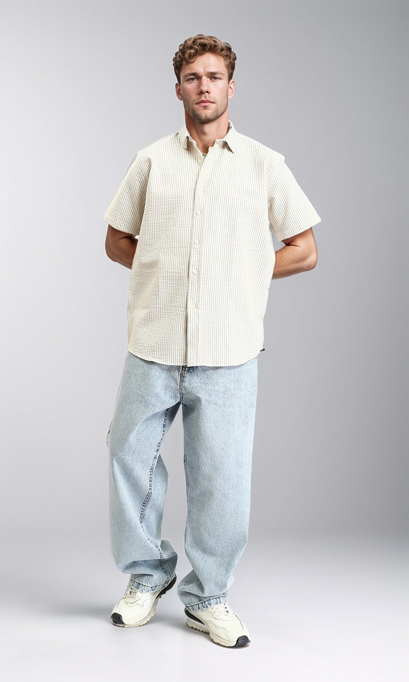 R210499 - Pencil Stripes Short Sleeves Shirt - Beige & Dark Grey