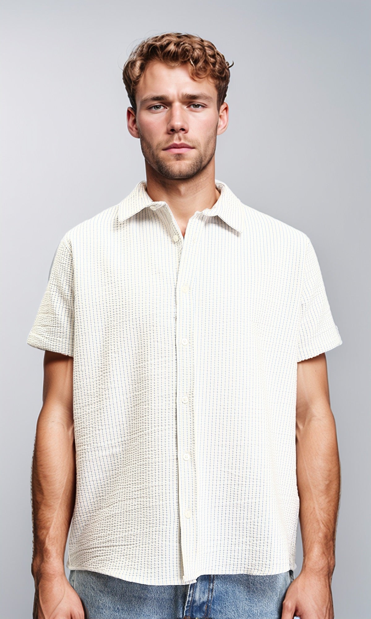 Pencil Stripes Short Sleeves Shirt - Beige & Sky Blue