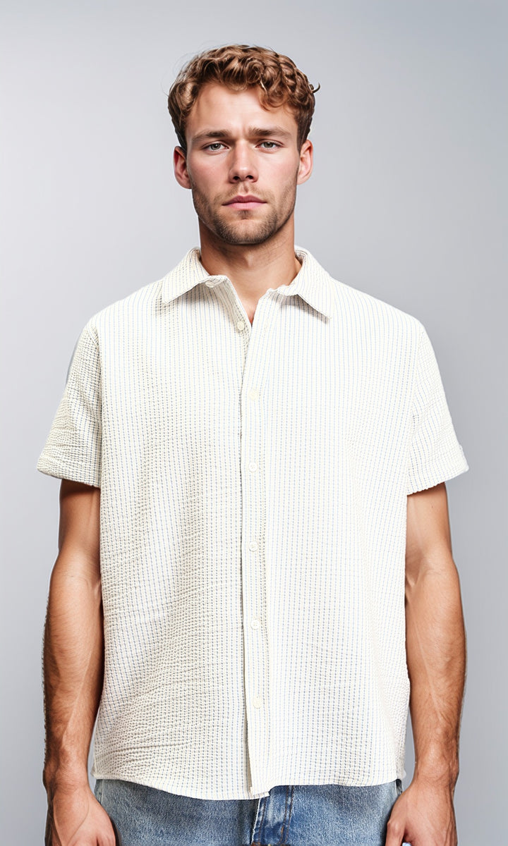 Pencil Stripes Short Sleeves Shirt - Beige & Sky Blue