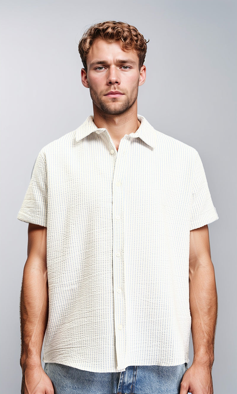 R210500 - Pencil Stripes Short Sleeves Shirt - Beige & Sky Blue