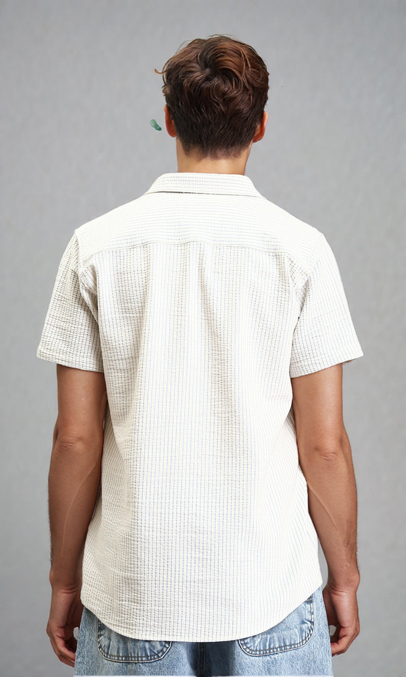 R210500 - Pencil Stripes Short Sleeves Shirt - Beige & Sky Blue