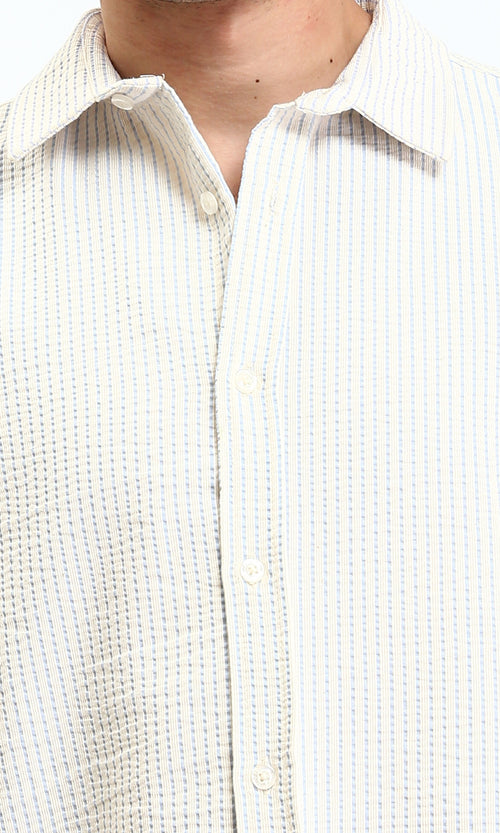 R210500 - Pencil Stripes Short Sleeves Shirt - Beige & Sky Blue