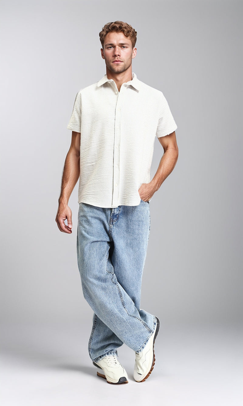 R210500 - Pencil Stripes Short Sleeves Shirt - Beige & Sky Blue