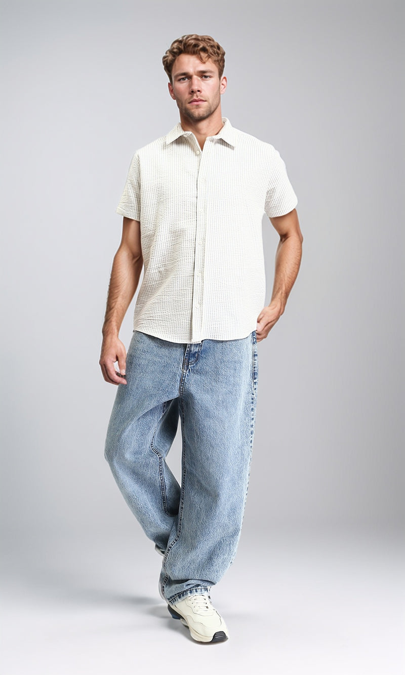 R210500 - Pencil Stripes Short Sleeves Shirt - Beige & Sky Blue