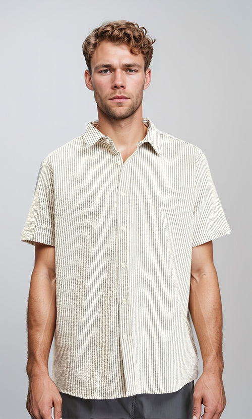 R210501 - Pencil Stripes Short Sleeves Shirt - Beige & Black