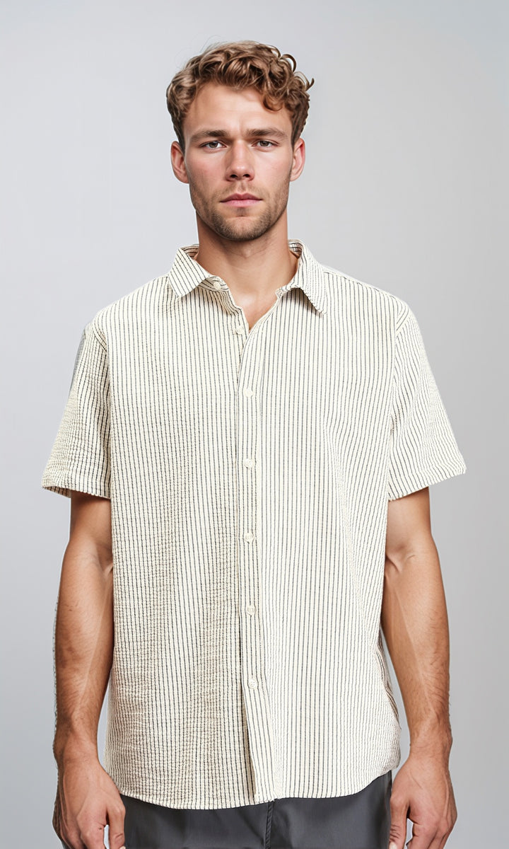 Pencil Stripes Short Sleeves Shirt - Beige & Black