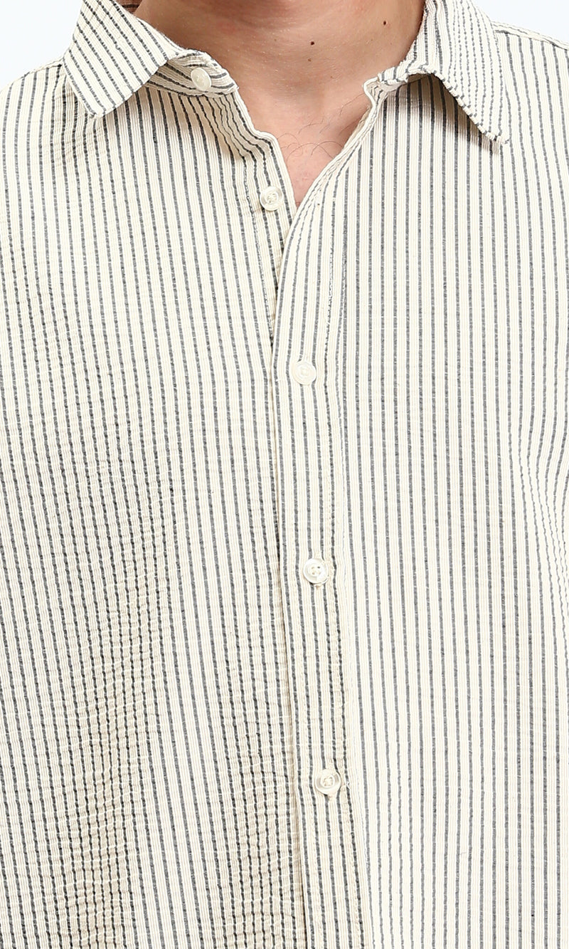 R210501 - Pencil Stripes Short Sleeves Shirt - Beige & Black