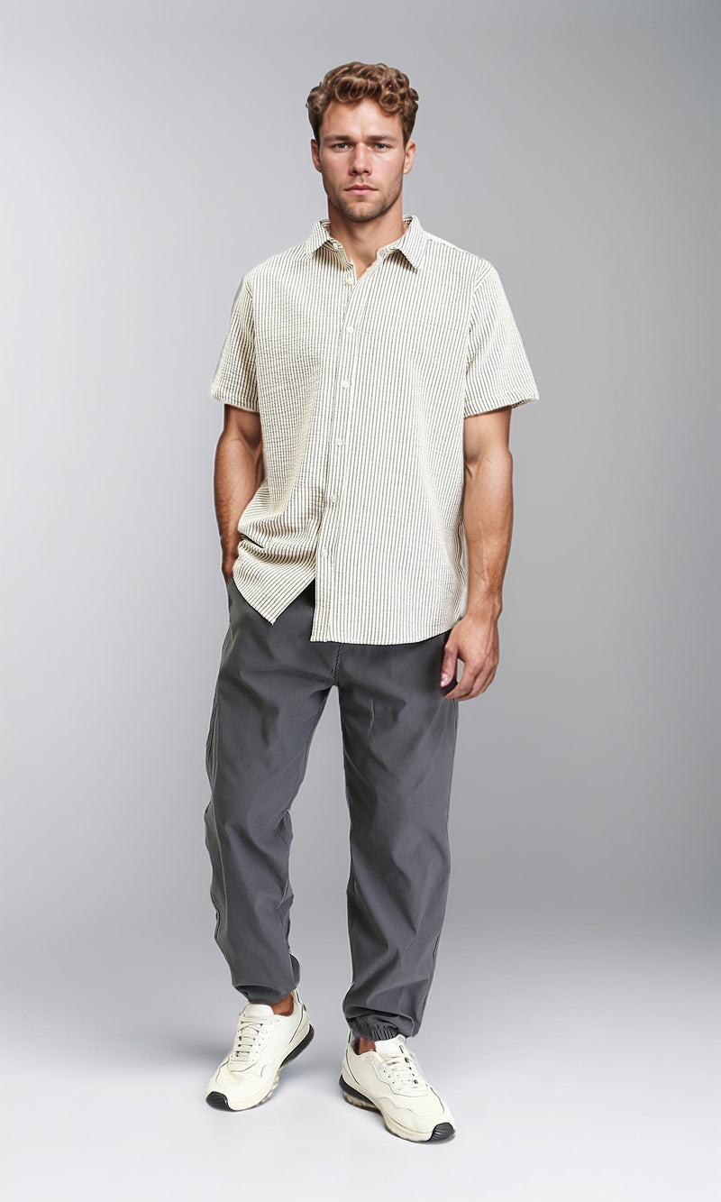 R210501 - Pencil Stripes Short Sleeves Shirt - Beige & Black