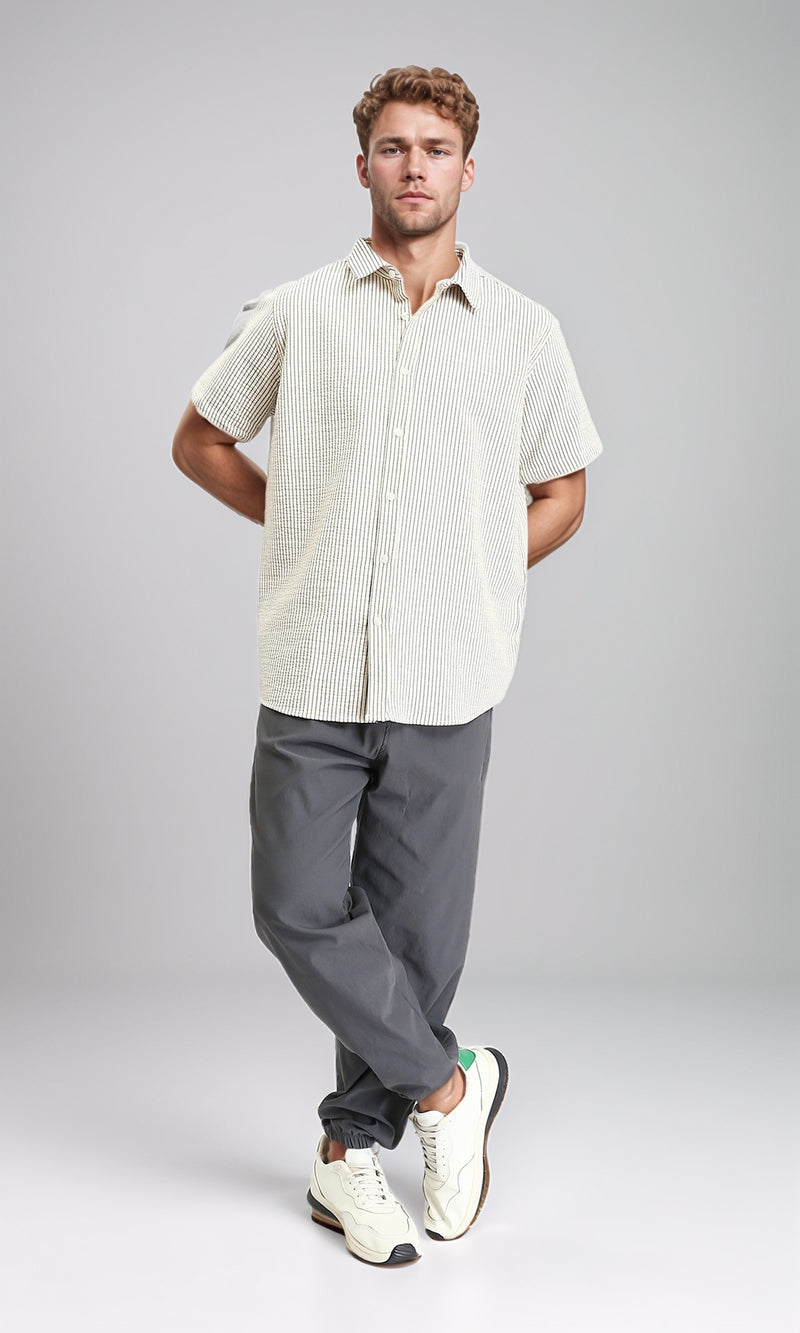 R210501 - Pencil Stripes Short Sleeves Shirt - Beige & Black