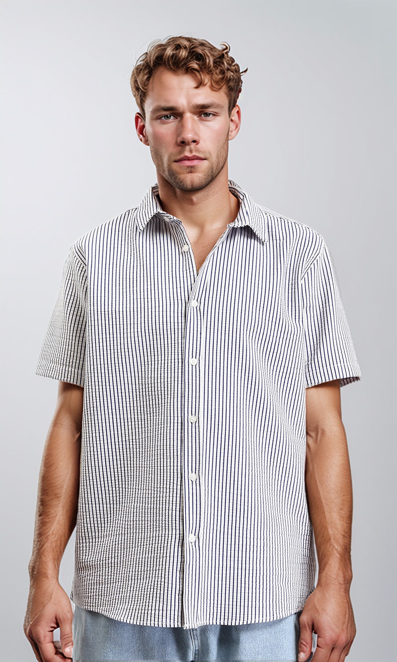 R210502 - Buttons Down Pencil Stripes Shirt - White & Navy Blue