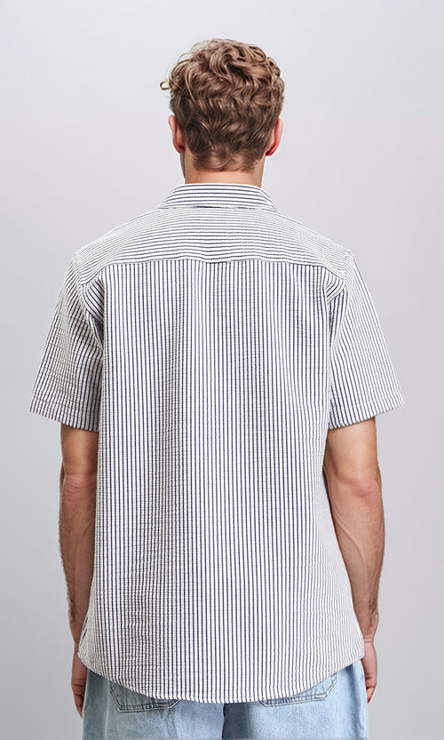 R210502 - Buttons Down Pencil Stripes Shirt - White & Navy Blue