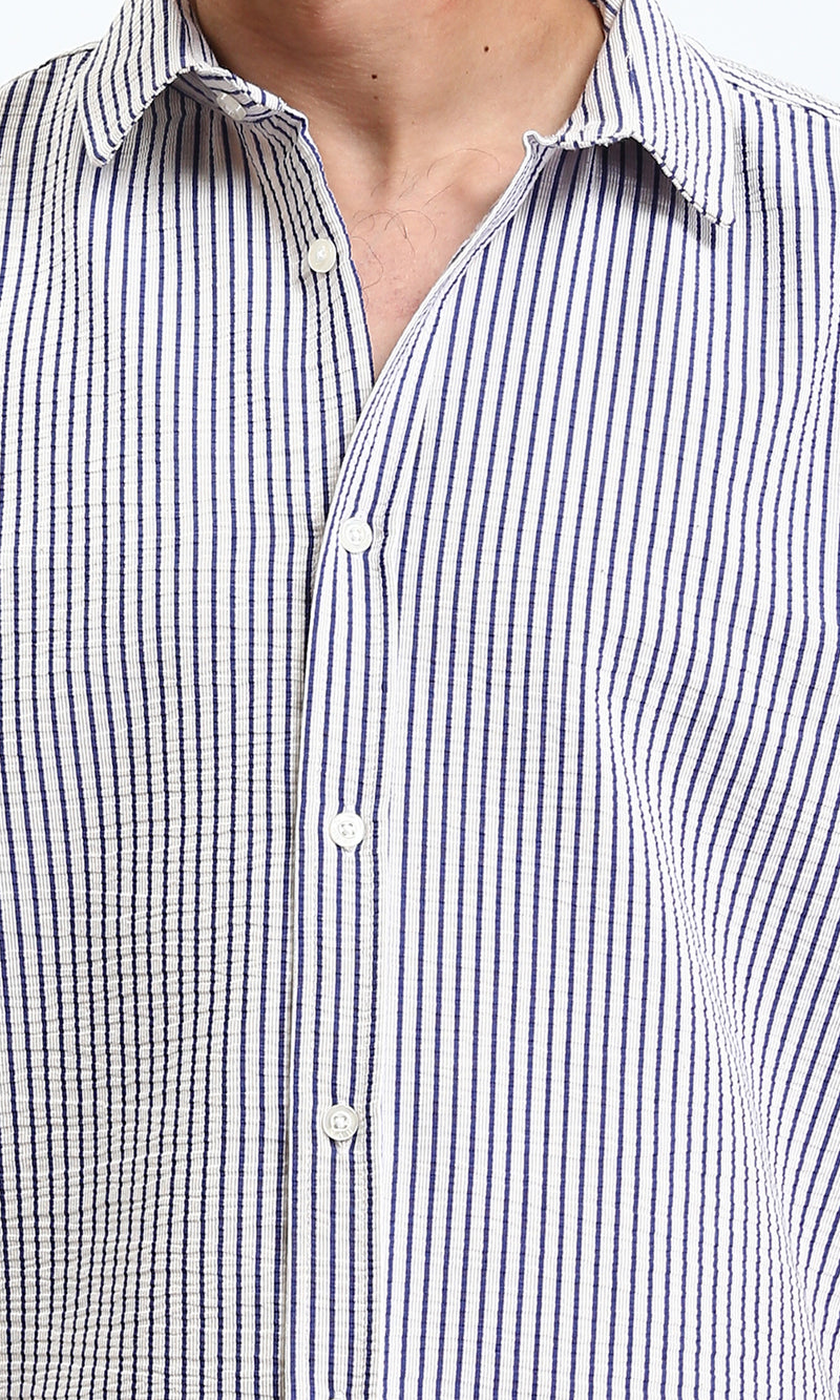 R210502 - Buttons Down Pencil Stripes Shirt - White & Navy Blue
