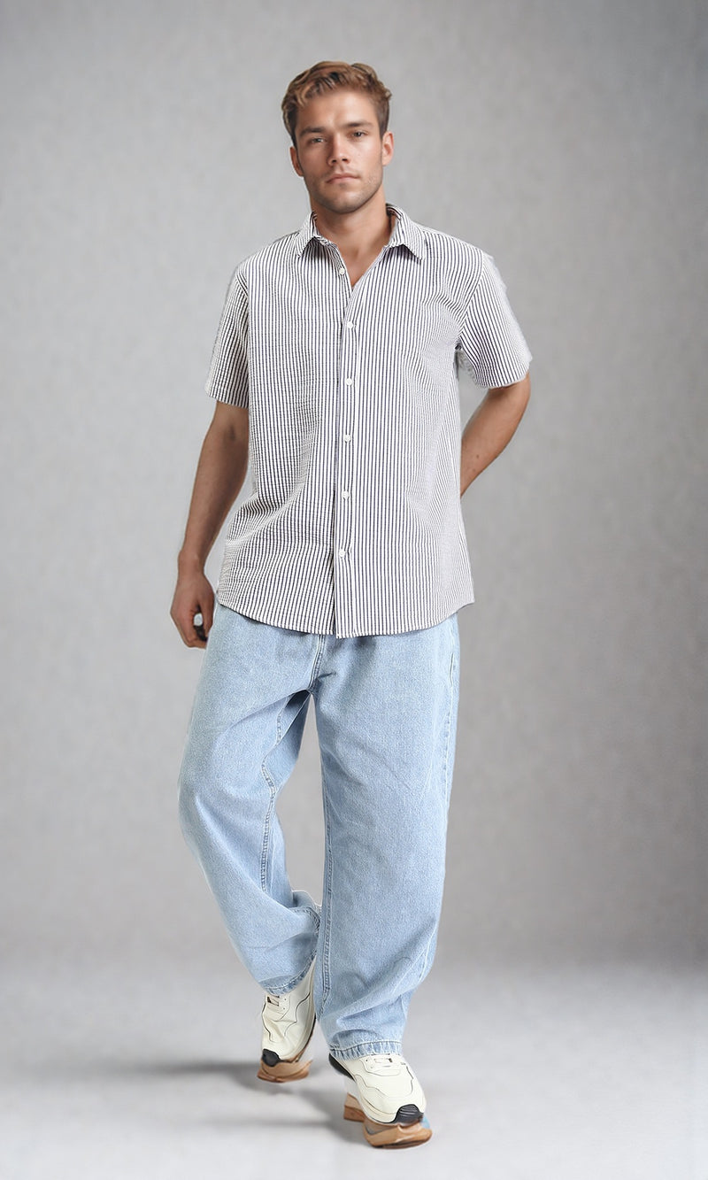 R210502 - Buttons Down Pencil Stripes Shirt - White & Navy Blue