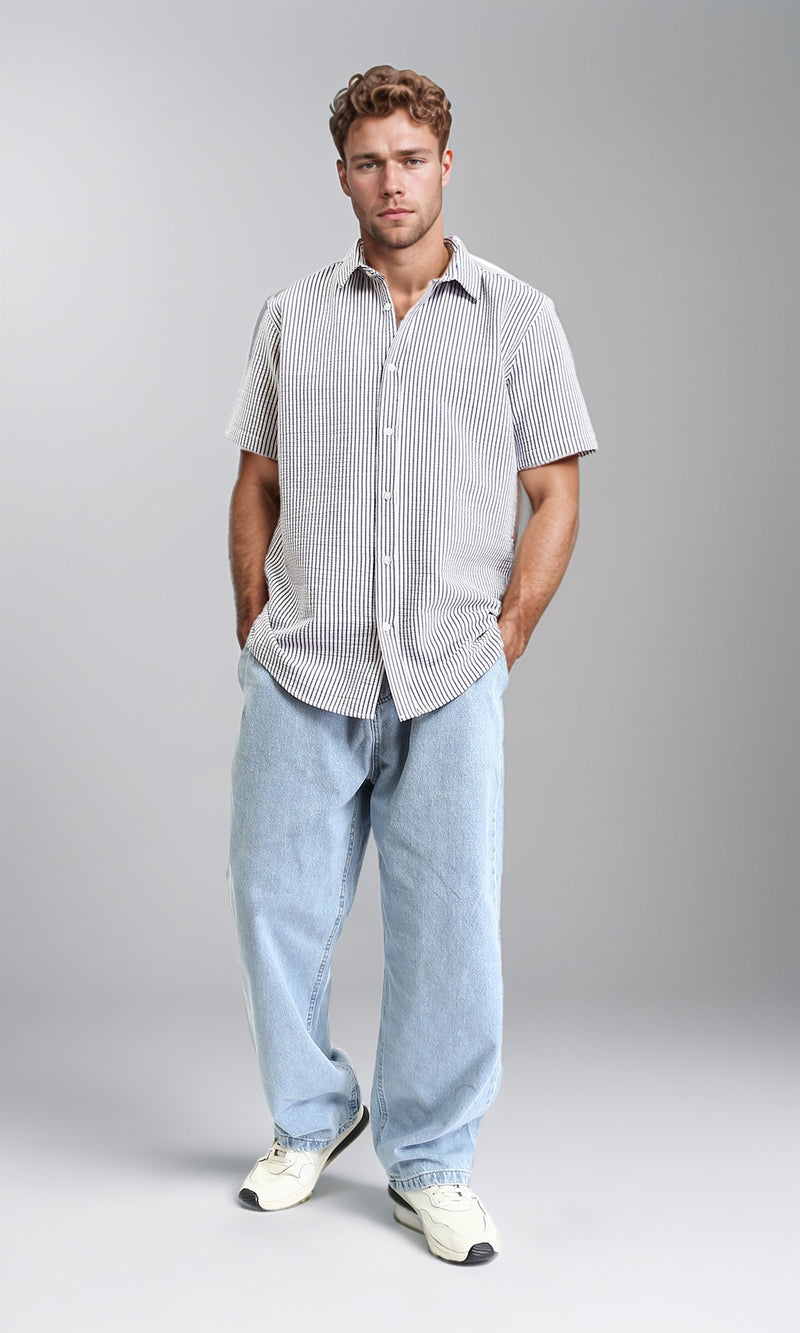 R210502 - Buttons Down Pencil Stripes Shirt - White & Navy Blue