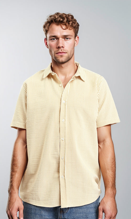 R210503 - Pencil Stripes Short Sleeves Shirt - Beige & Goldenrod