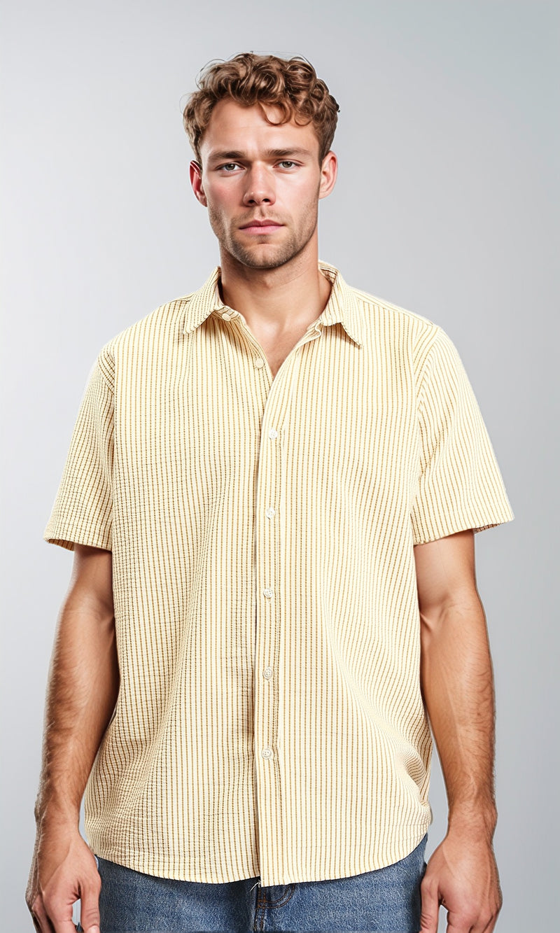 R210503 - Pencil Stripes Short Sleeves Shirt - Beige & Goldenrod