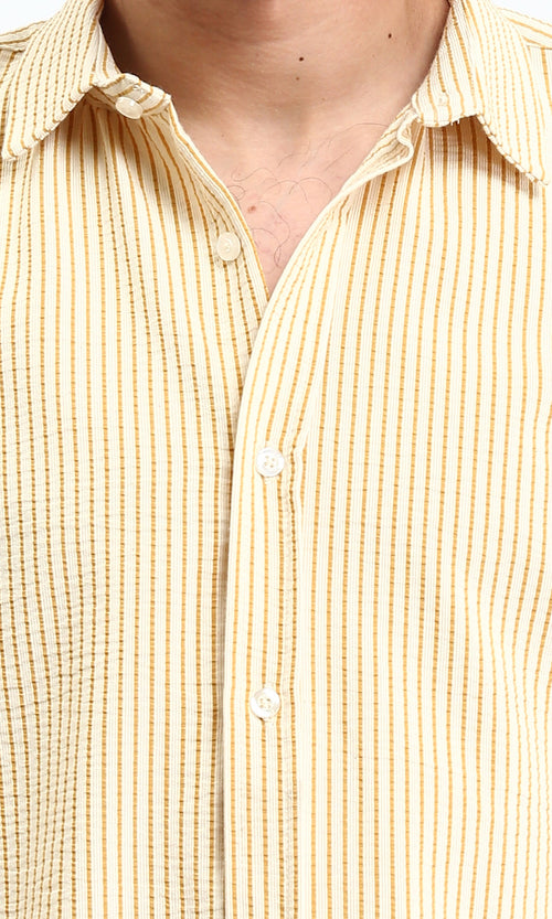 R210503 - Pencil Stripes Short Sleeves Shirt - Beige & Goldenrod