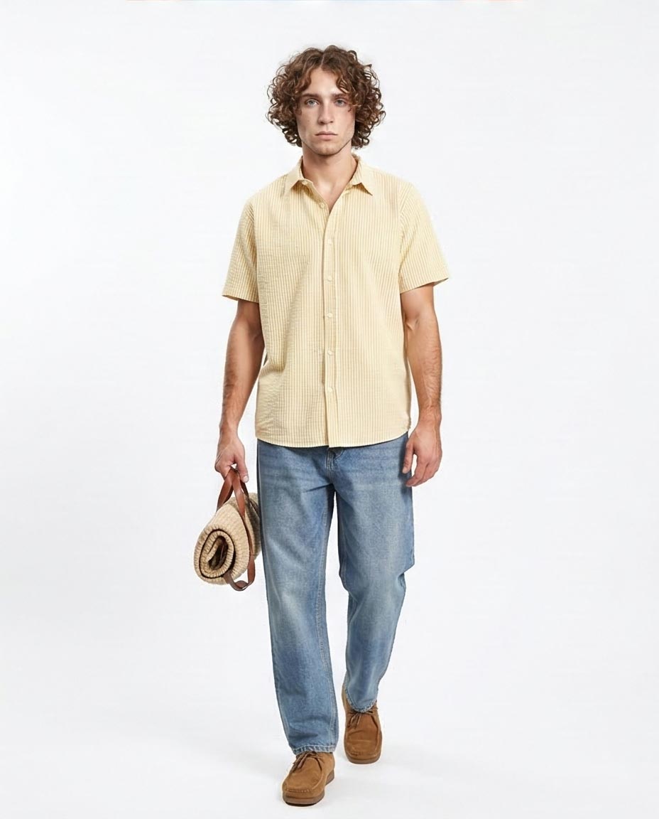 Ravin Men's Relaxed Fit Seersucker Striped Short-Sleeve Shirt - Beige & Goldenrod - R210503